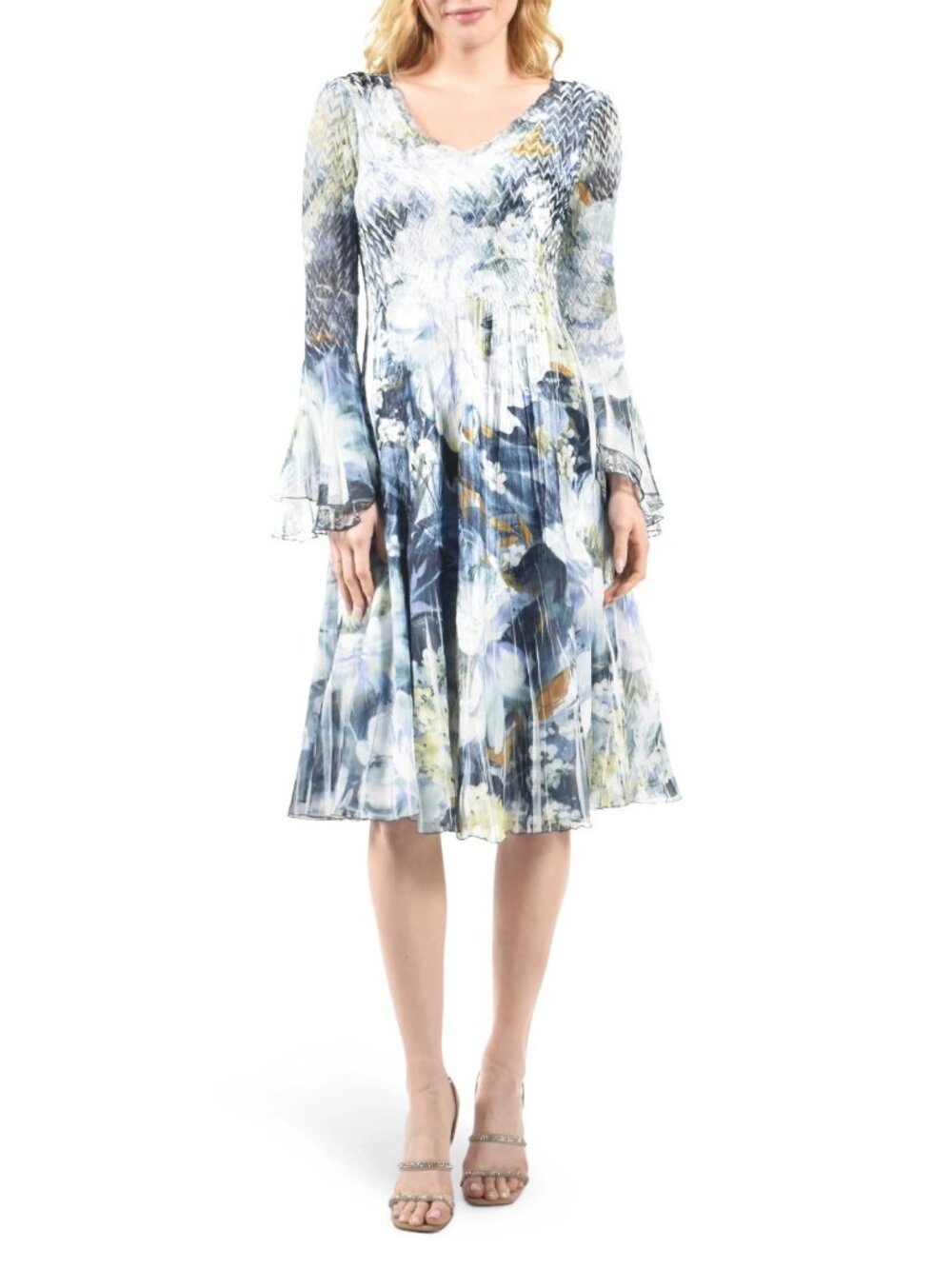 Komarov Women's V-Neck Long Bell Sleeve Tiered Party Cocktail Dress Size S